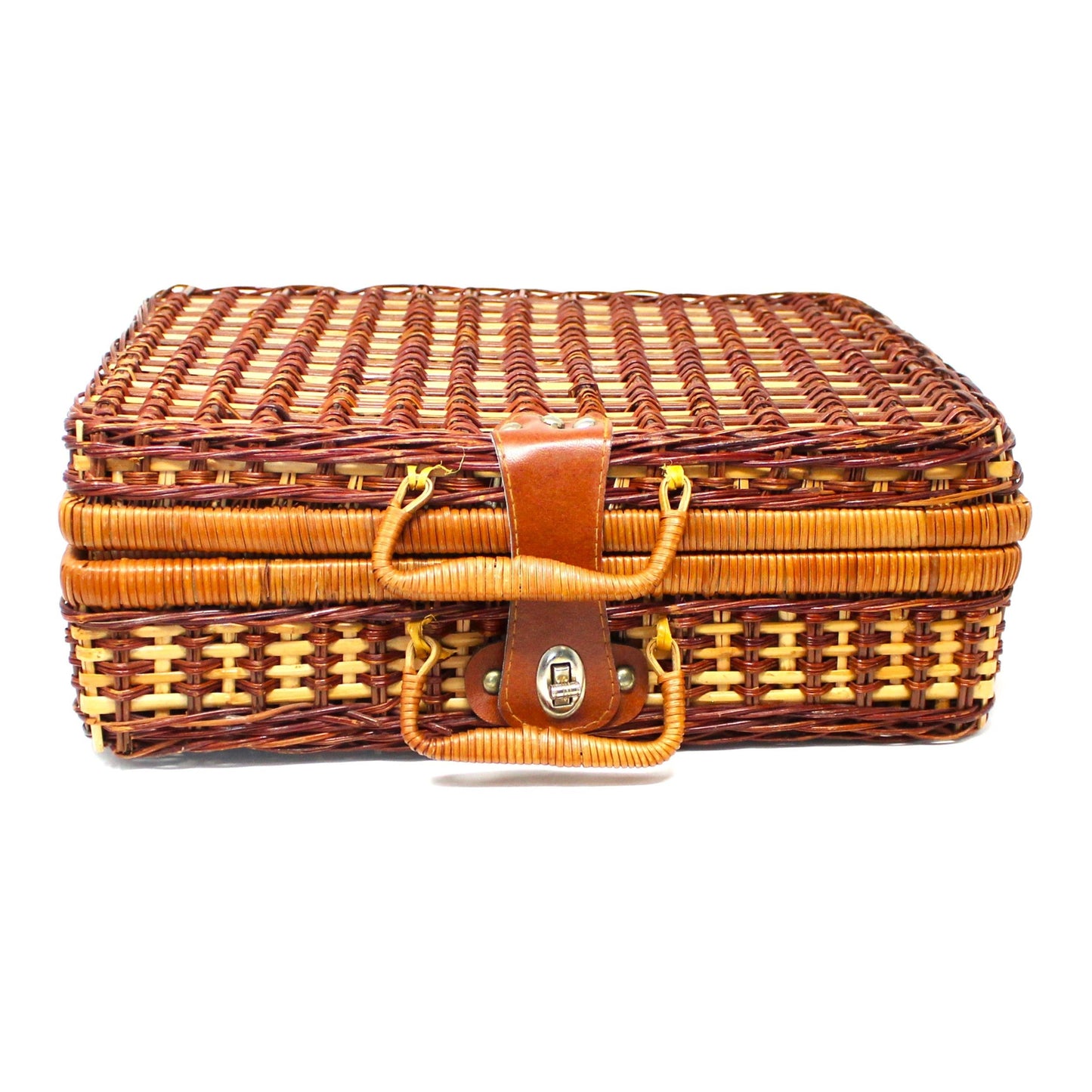 Basket, Picnic Basket, Woven Wicker with Leather Strap, Two-Tone Wicker, Vintage, SOLD