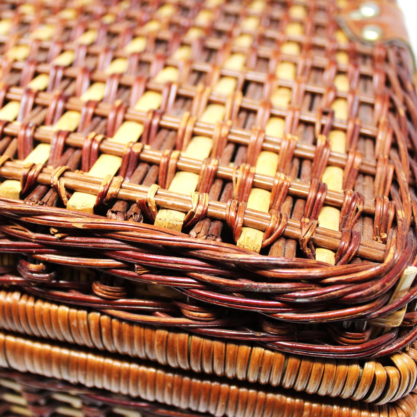 Basket, Picnic Basket, Woven Wicker with Leather Strap, Two-Tone Wicker, Vintage, SOLD