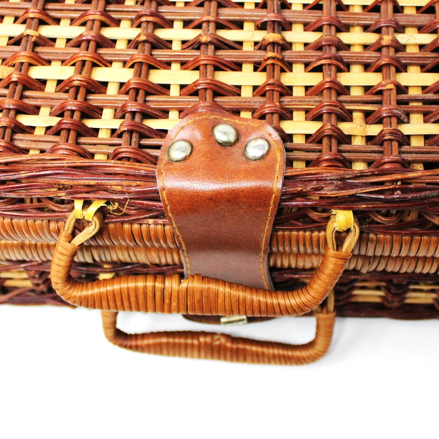 Basket, Picnic Basket, Woven Wicker with Leather Strap, Two-Tone Wicker, Vintage, SOLD