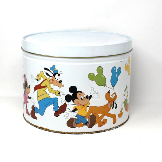 Gift Tin / Popcorn Tin, Disney Characters, Mickey, Minnie, Goofy, Donald, Pluto, Vintage, Large 7.5" Tall