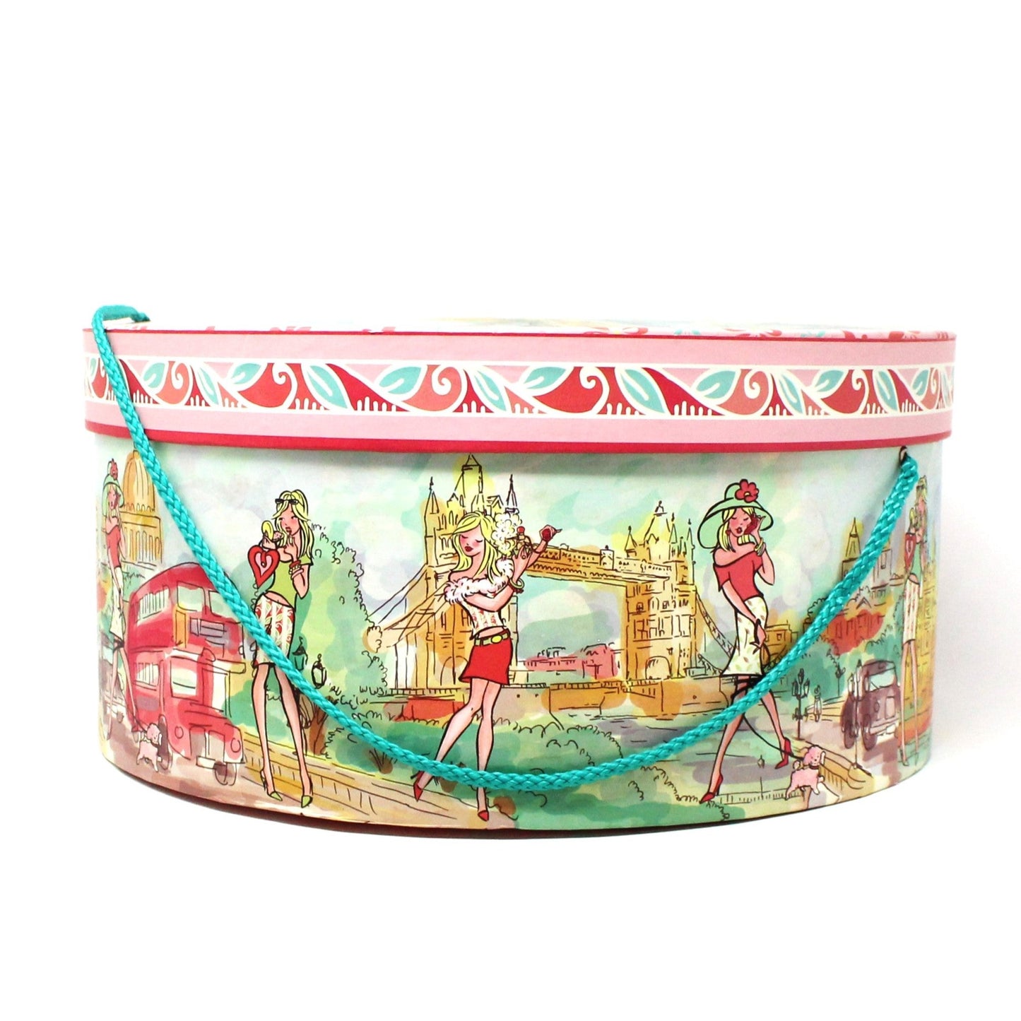 Hat Box / Storage Box, London Chic Mod Girl, Pink & Turquoise Box with Rope. 14"