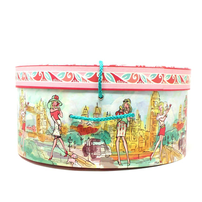 Hat Box / Storage Box, London Chic Mod Girl, Pink & Turquoise Box with Rope. 14"