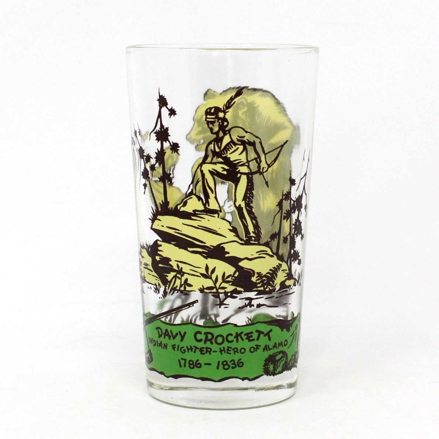 Glasses, Tumbler, Hazel Atlas, Davy Crockett, Indian Fighter 1786-1836, Bear/Green, Mid Century / Vintage