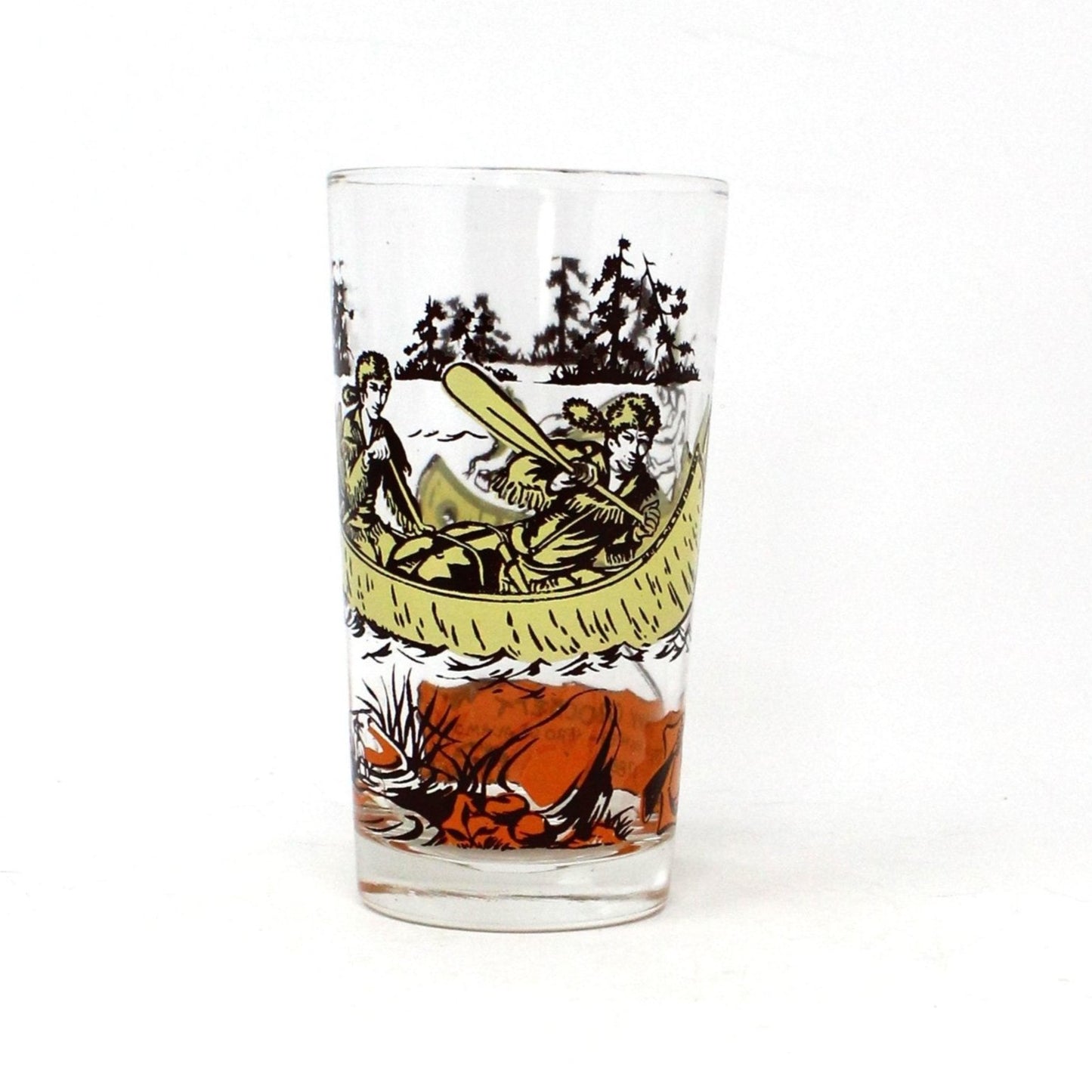 Glasses, Tumbler, Hazel Atlas, Davy Crockett, Indian Fighter 1786-1836, Canoe/Orange, Mid Century / Vintage