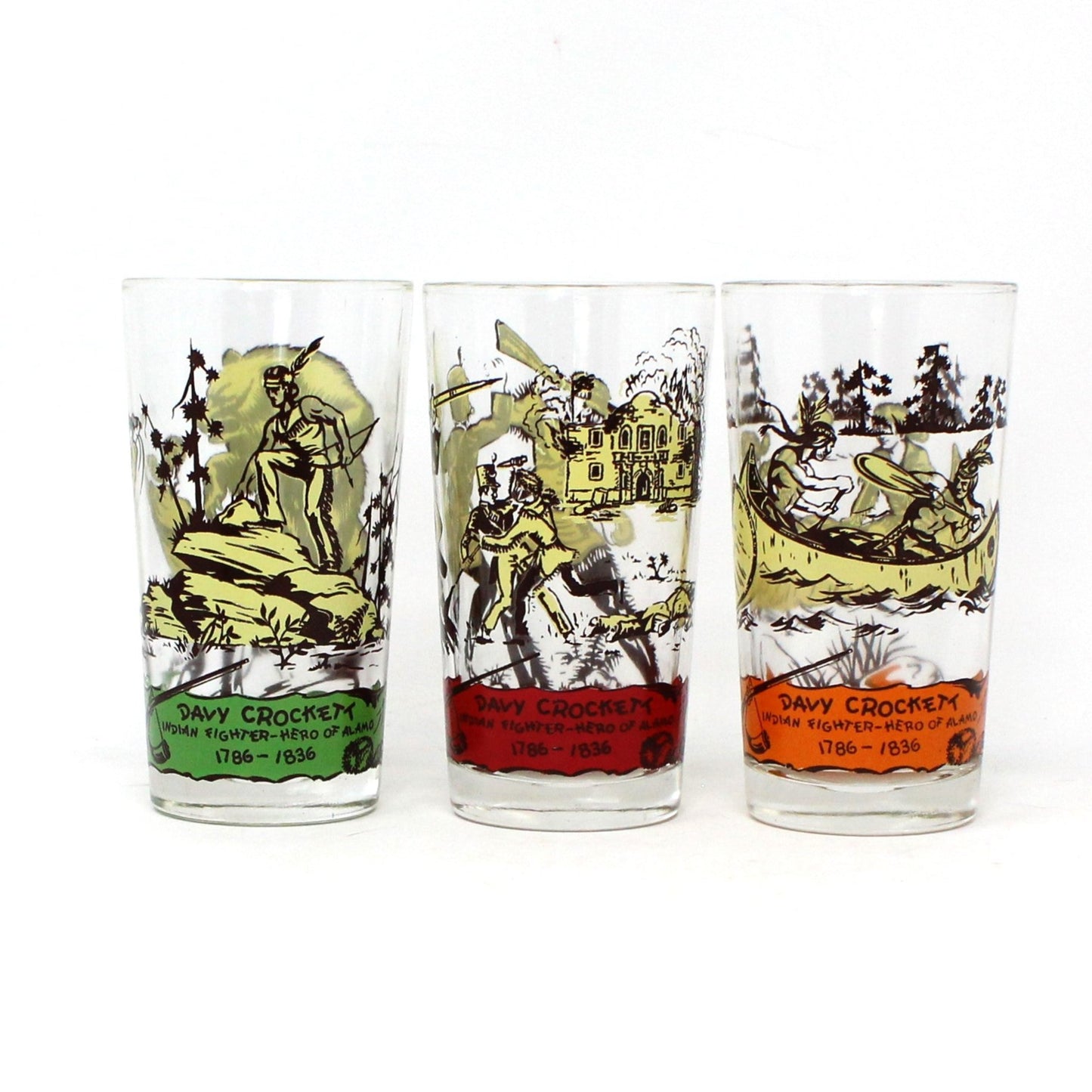 Glasses, Tumbler, Hazel Atlas, Davy Crockett, Indian Fighter 1786-1836, Bear/Green, Mid Century / Vintage