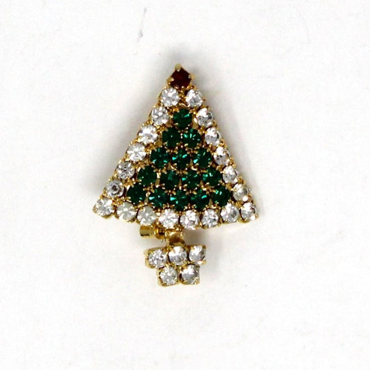 Brooch / Pin, Christmas Tree, Green, Red & Clear Rhinestones, Vintage