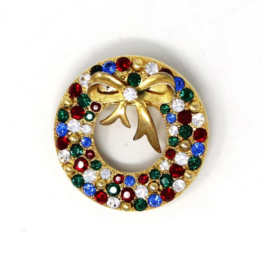 Brooch / Pin, Eisenberg Ice, Christmas Wreath with Bow Brooch, Colorful Rhinestones Gold Tone, Vintage