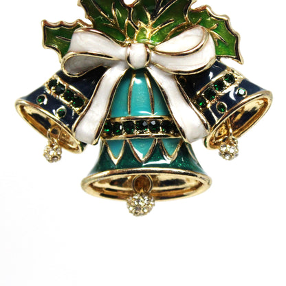 Brooch / Pin, Napier, Holiday Blue Bells Brooch with Rhinestone Dangles & Enamel, Gold Tone