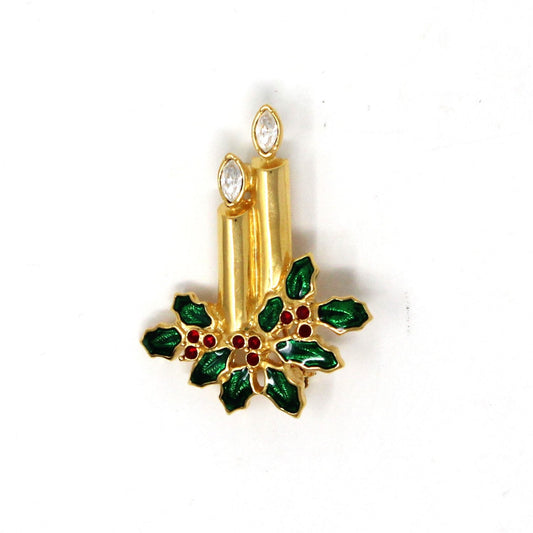 Brooch / Pin, Monet, Christmas Candle Brooch, Rhinestones & Enamel Holly Leaves, Gold Tone, Vintage