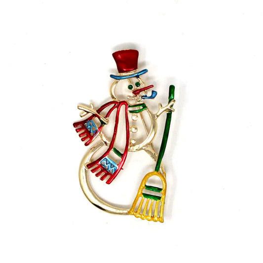 Brooch / Pin, Christmas Holiday Snowman with Broom, Rhinestones & Enamel Gold-Tone