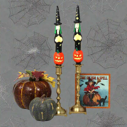 Candle, Figural Halloween Witch & Pumpkins, Vintage Taper Candles, Never Used, Set of 2