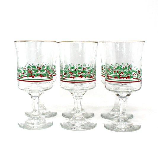 Water Goblets, Arby's, Christmas Collection, Holly & Berries, Gold Rim, Set of 6, Vintage Stemware