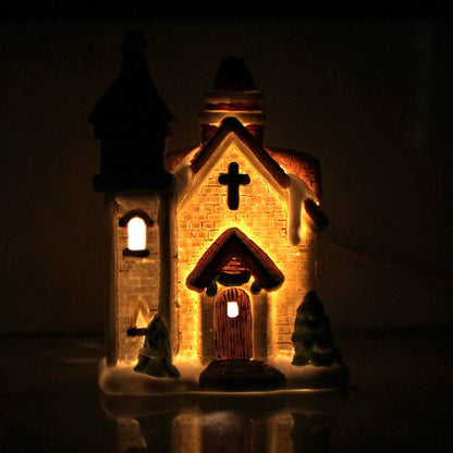 Christmas Village, Enesco, Lighted Church, Hand Painted Porcelain, Vintage