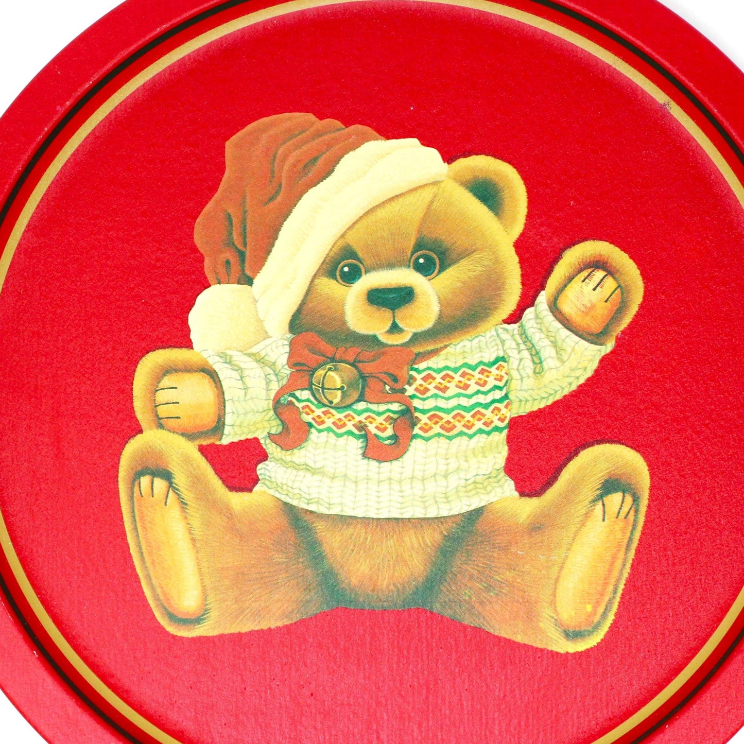 Tray, Christmas Teddy Bear w/Santa Hat Metal Tray, Round, Vintage