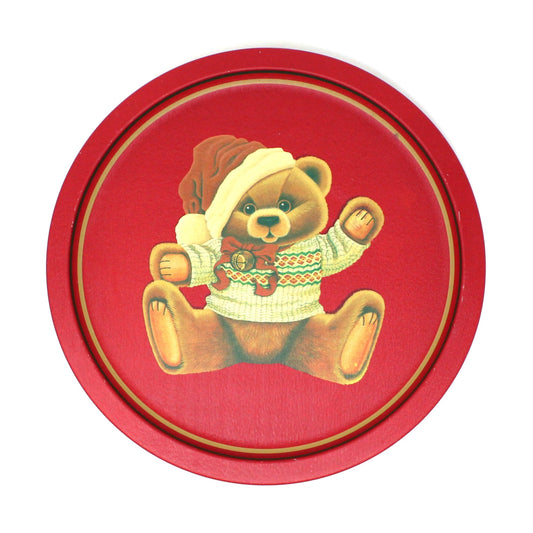 Tray, Christmas Teddy Bear w/Santa Hat Metal Tray, Round, Vintage