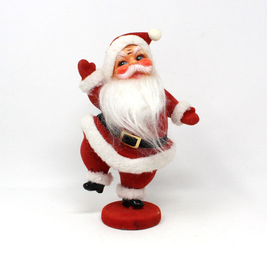 Figurine, Dancing Santa, Mid Century Flocked Santa Claus on Stand, Vintage