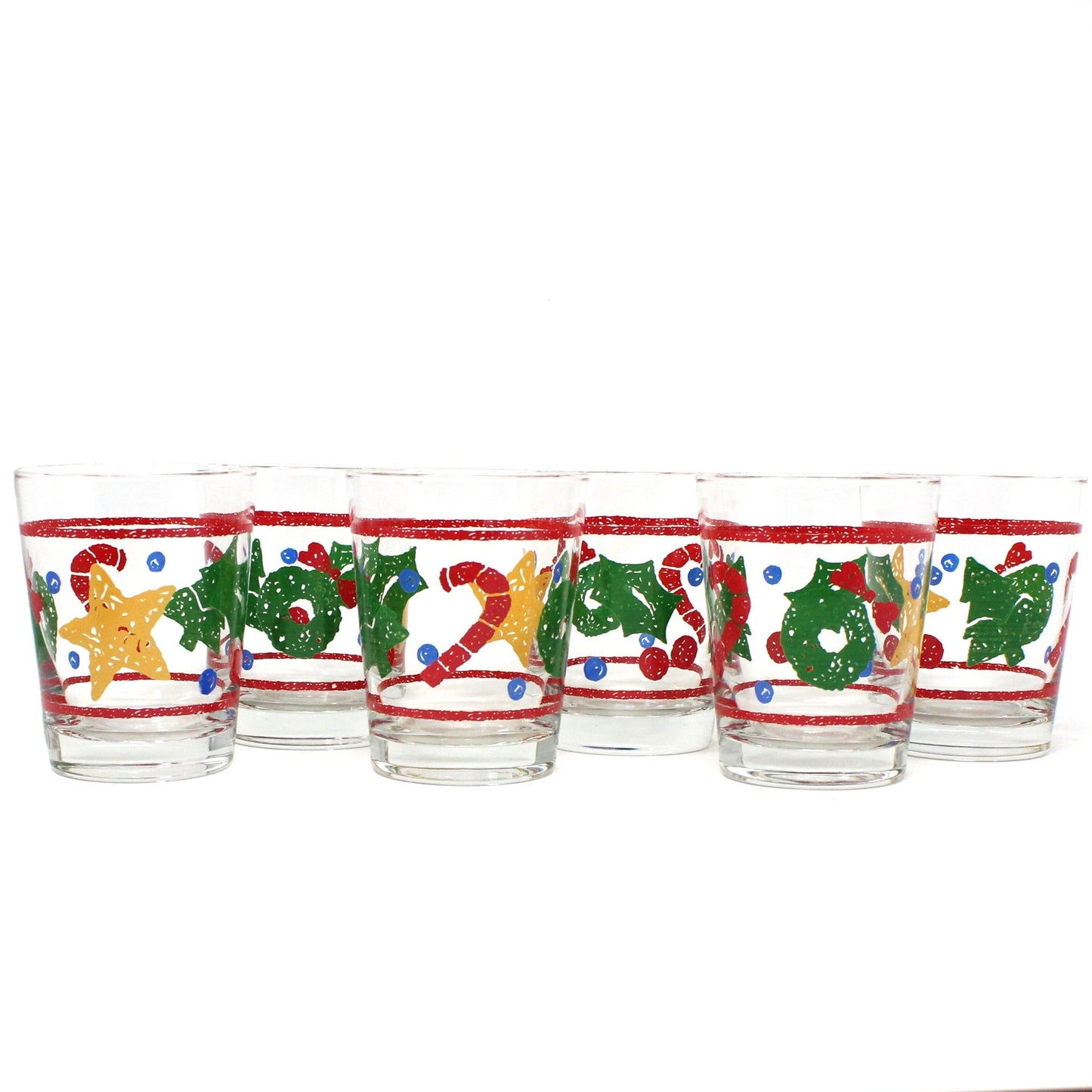 Glasses, Whiskey / Rocks, Libbey, Christmas Sponge Painted Design, Set of 6, Vintage