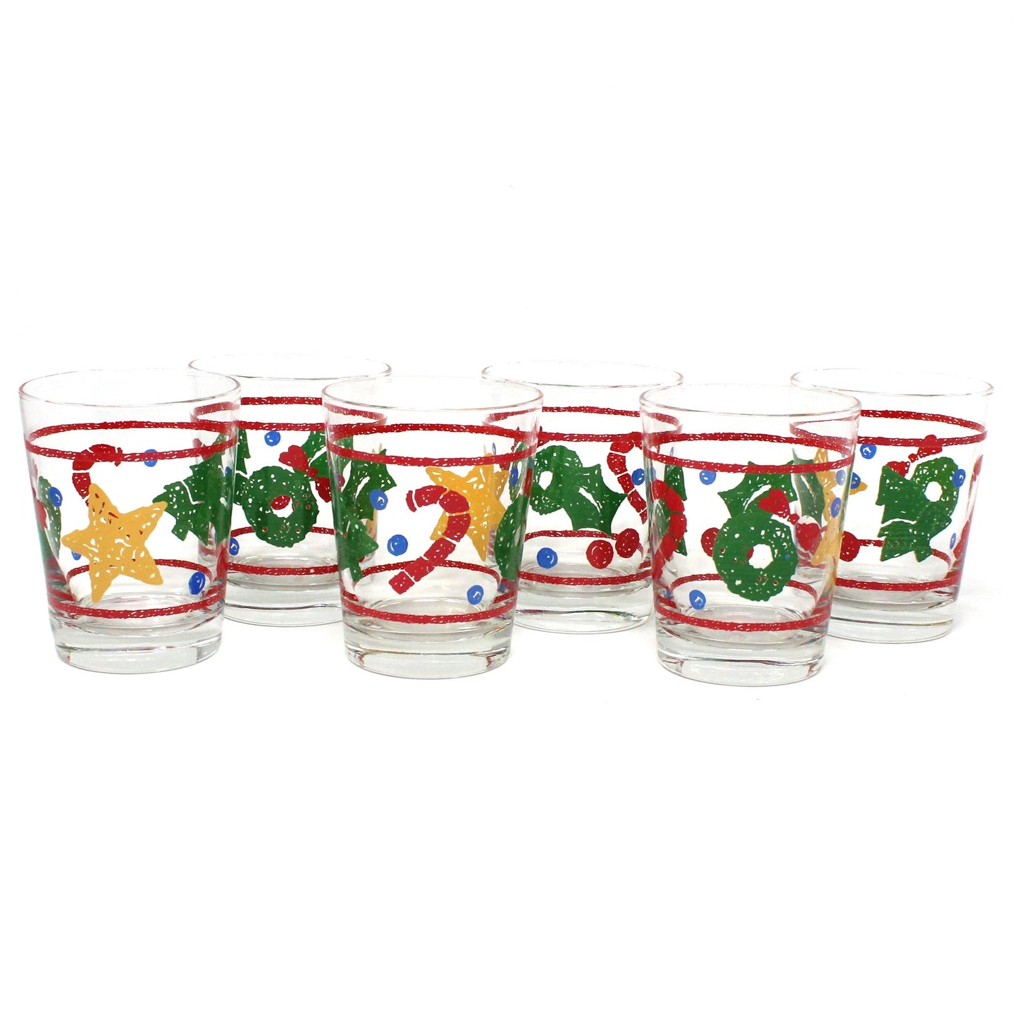 Glasses, Whiskey / Rocks, Libbey, Christmas Sponge Painted Design, Set of 6, Vintage