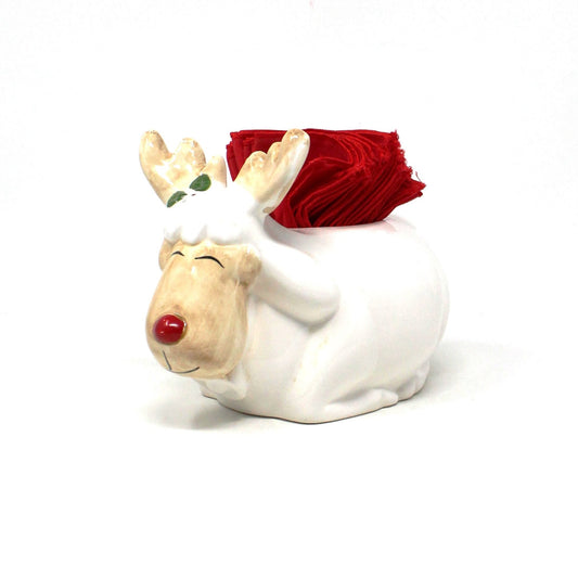 Napkin Holder, Christmas Moose with 12 Red Cloth Cocktail Napkins, Holiday Kitsch, Ceramic, Vintage