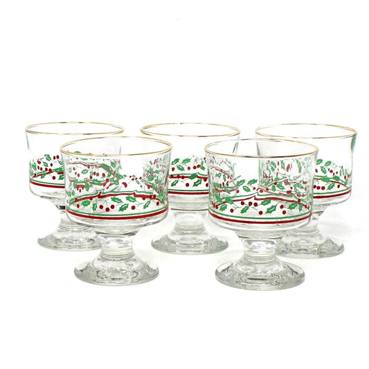 Champagne / Tall Sherbet, Arby's, Christmas Collection, Holly & Berries, Gold Rim, Set of 5, Vintage Stemware