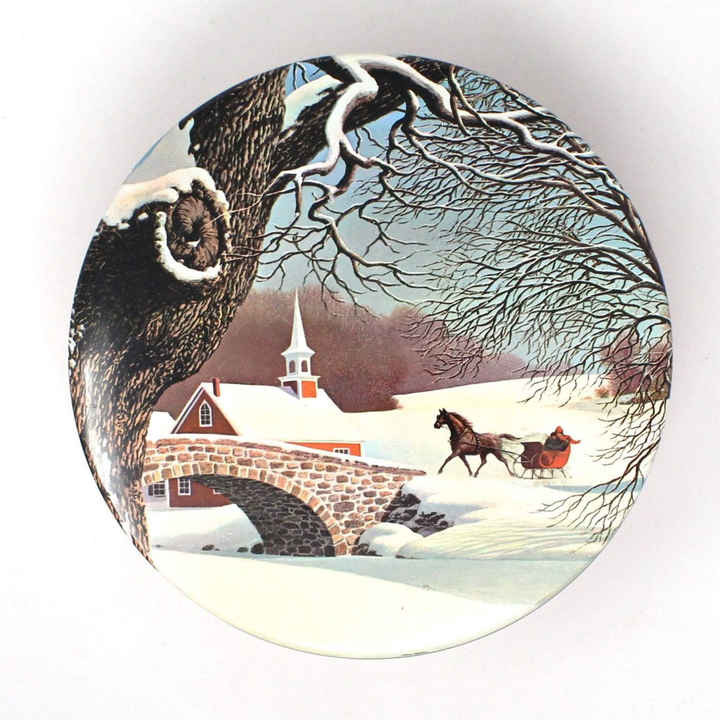 Gift Tin / Cookie Tin, Meister, Horse Drawn Sleigh, Victorian Snowy Winter Scene, Vintage