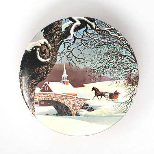 Gift Tin / Cookie Tin, Meister, Horse Drawn Sleigh, Victorian Snowy Winter Scene, Vintage