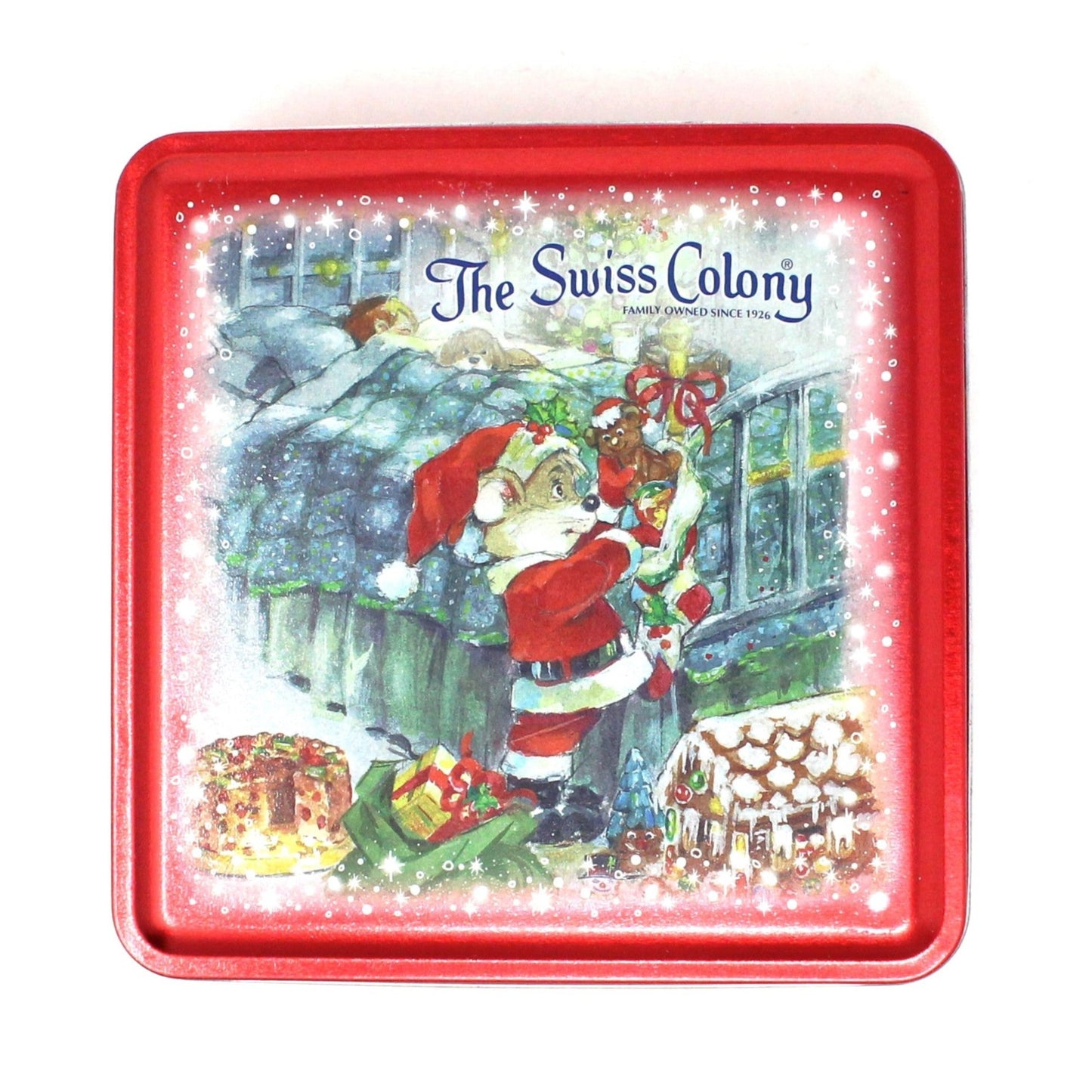 Gift Tin / Cookie Tin, Swiss Colony Christmas Chris Mouse Red Collectible Tin