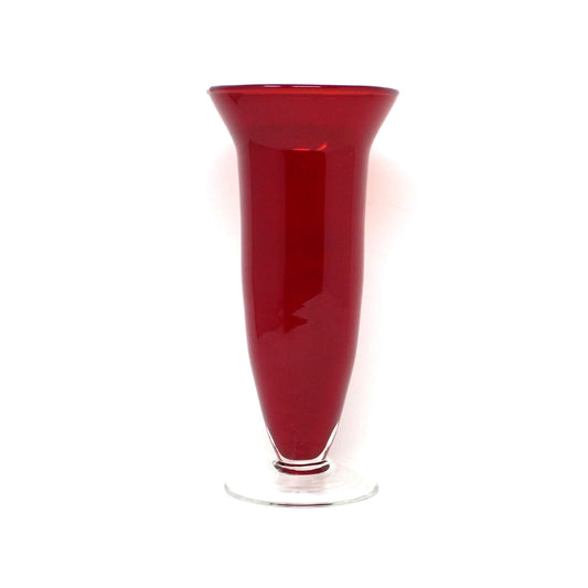 Vase, Ruby Red Floral Vase, Clear Foot, Blown Glass, Slim Body, Vintage