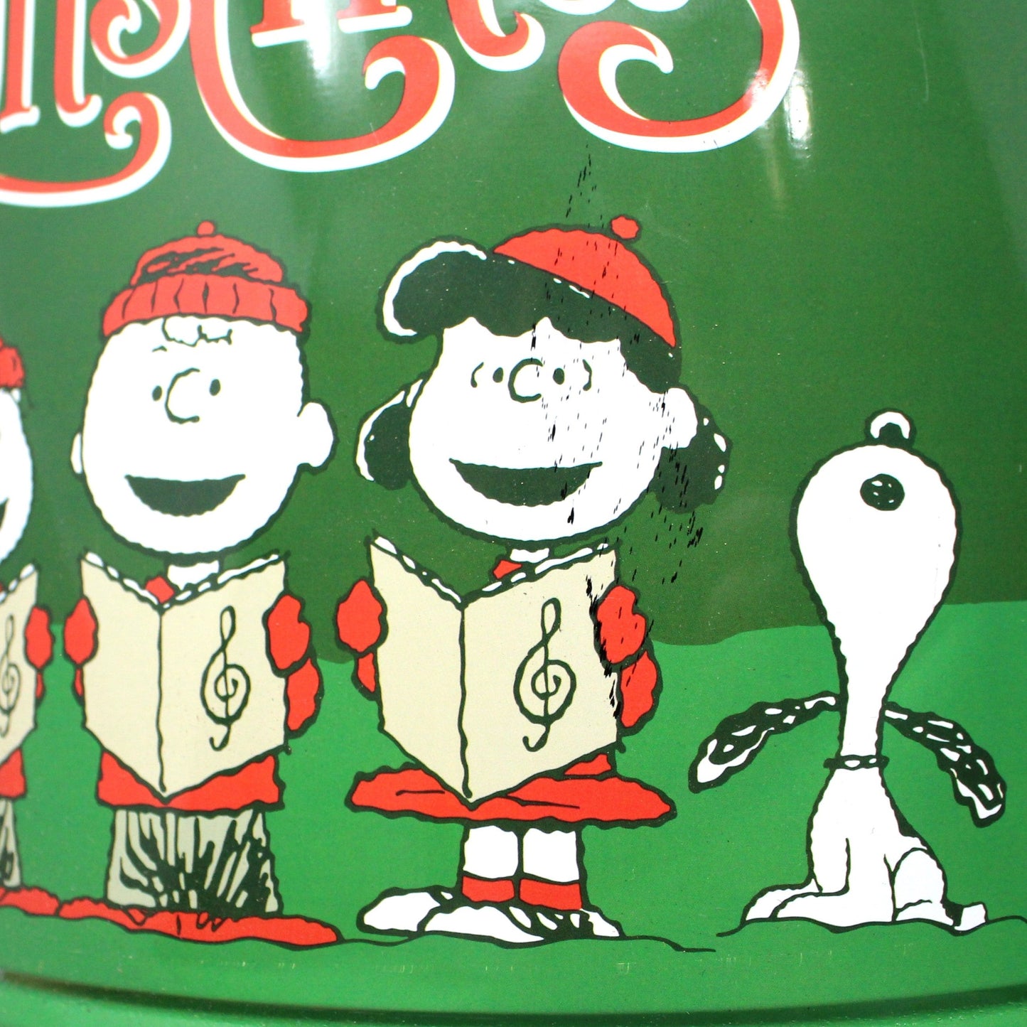 Gift Tin / Popcorn Tin, Caroling Peanuts Characters, Merry Christmas, Green & Red, Collectible