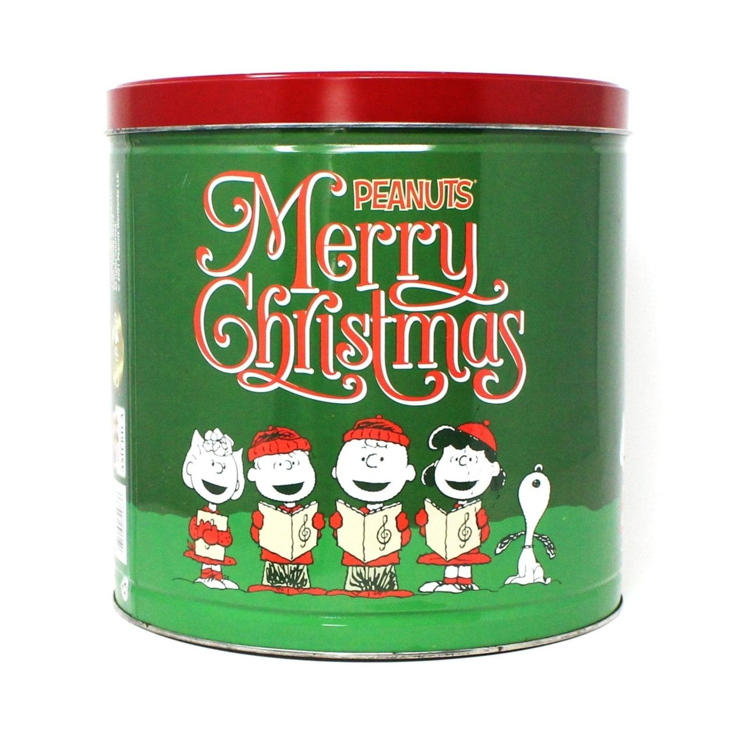 Gift Tin / Popcorn Tin, Caroling Peanuts Characters, Merry Christmas, Green & Red, Collectible