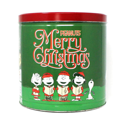 Gift Tin / Popcorn Tin, Caroling Peanuts Characters, Merry Christmas, Green & Red, Collectible