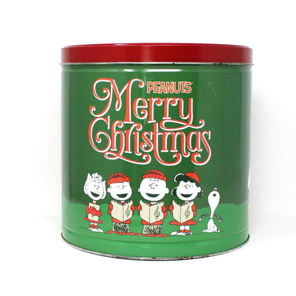 Gift Tin / Popcorn Tin, Caroling Peanuts Characters, Merry Christmas, Green & Red, Collectible