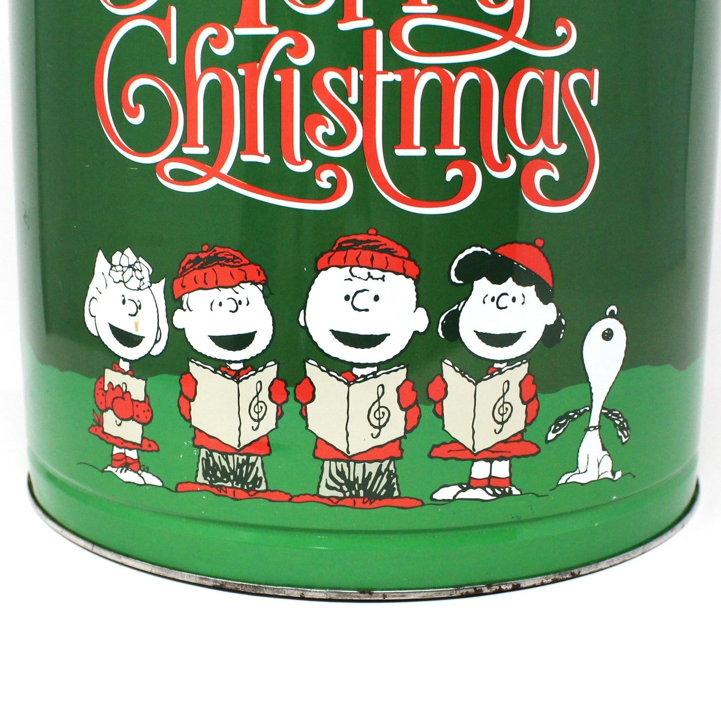 Gift Tin / Popcorn Tin, Caroling Peanuts Characters, Merry Christmas, Green & Red, Collectible