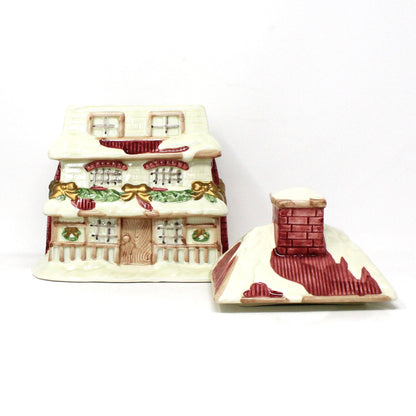 Cookie Jar, Figural House Shaped, Victorian Christmas House, Pink & White, Ceramic, Vintage