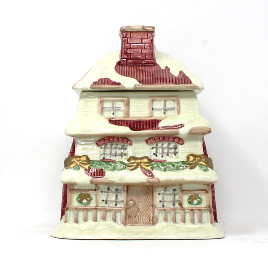 Cookie Jar, Figural House Shaped, Victorian Christmas House, Pink & White, Ceramic, Vintage