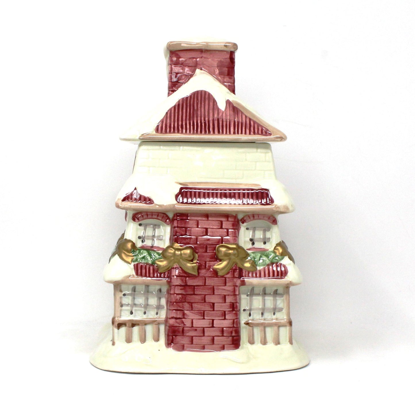 Cookie Jar, Figural House Shaped, Victorian Christmas House, Pink & White, Ceramic, Vintage