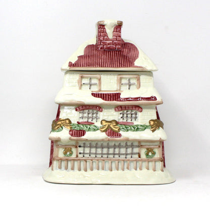 Cookie Jar, Figural House Shaped, Victorian Christmas House, Pink & White, Ceramic, Vintage