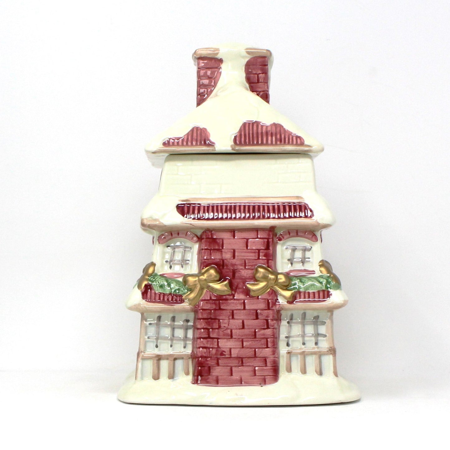 Cookie Jar, Figural House Shaped, Victorian Christmas House, Pink & White, Ceramic, Vintage