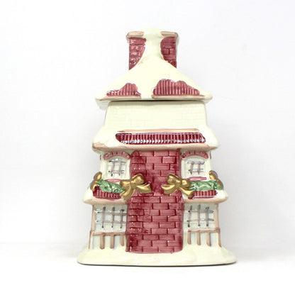 Cookie Jar, Figural House Shaped, Victorian Christmas House, Pink & White, Ceramic, Vintage