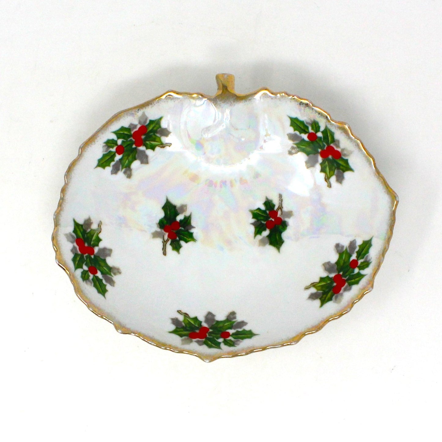 Trinket Dish, Ucagco, Leaf Shaped, Christmas Iridescent Holly and Berries, Japan, Vintage