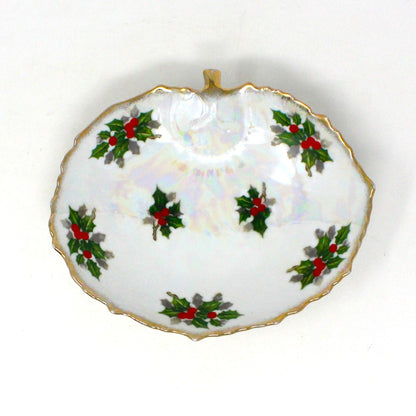 Trinket Dish, Ucagco, Leaf Shaped, Christmas Iridescent Holly and Berries, Japan, Vintage