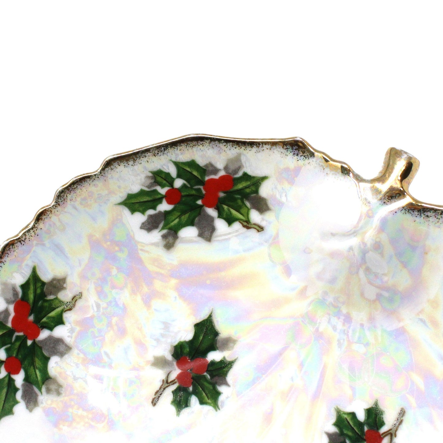 Trinket Dish, Ucagco, Leaf Shaped, Christmas Iridescent Holly and Berries, Japan, Vintage