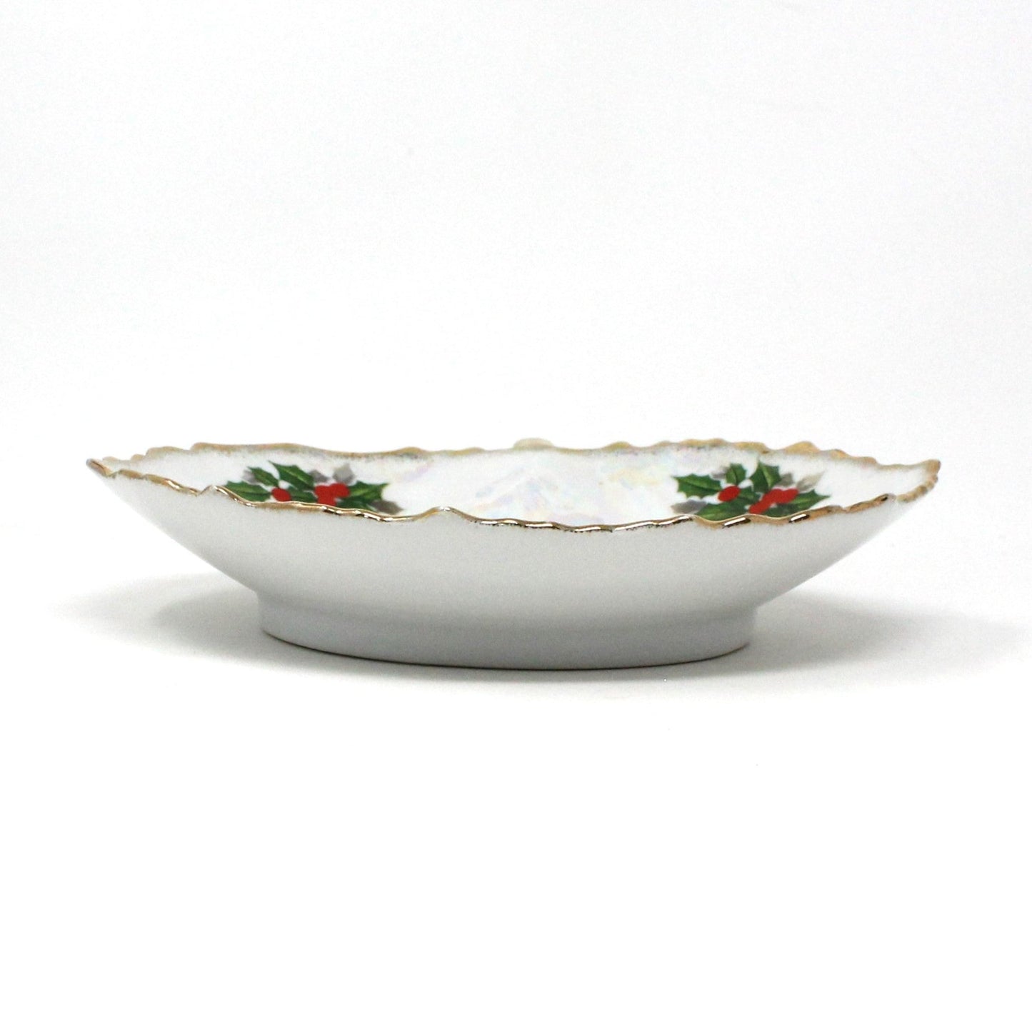 Trinket Dish, Ucagco, Leaf Shaped, Christmas Iridescent Holly and Berries, Japan, Vintage