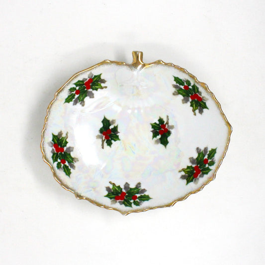 Trinket Dish, Ucagco, Leaf Shaped, Christmas Iridescent Holly and Berries, Japan, Vintage