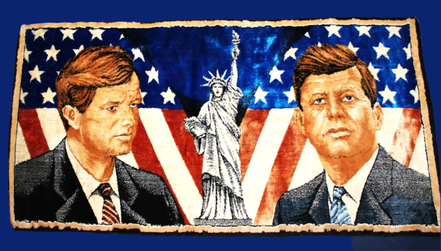 Tapestry Kennedy Brothers Rug, JFK & RFK Memorial with Statue of Liberty, Vintage