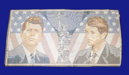 Tapestry Kennedy Brothers Rug, JFK & RFK Memorial with Statue of Liberty, Vintage