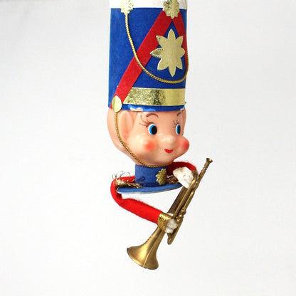 Ornaments, Toy Solider / Marching Band Trumpet Player Head, Christmas Flocked Elf, Kitsch, Vintage