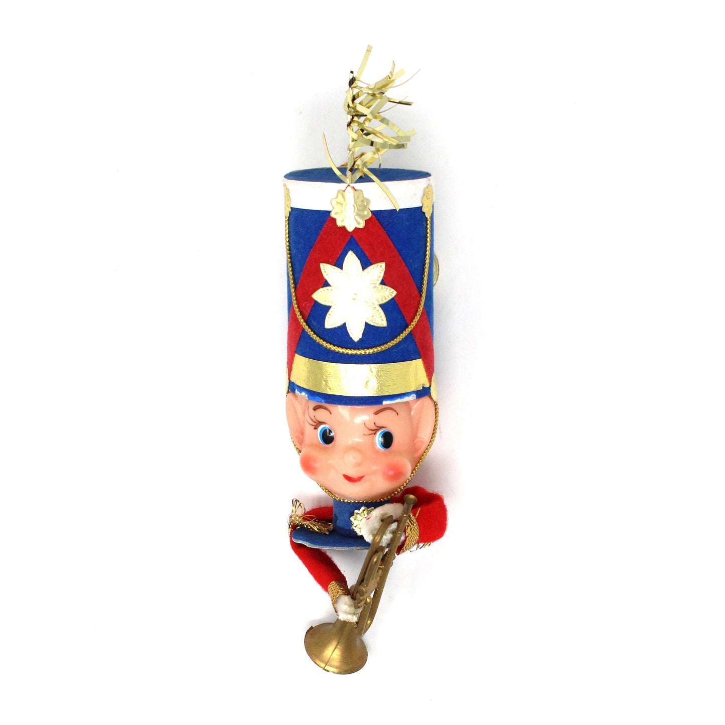 Ornaments, Toy Solider / Marching Band Trumpet Player Head, Christmas Flocked Elf, Kitsch, Vintage