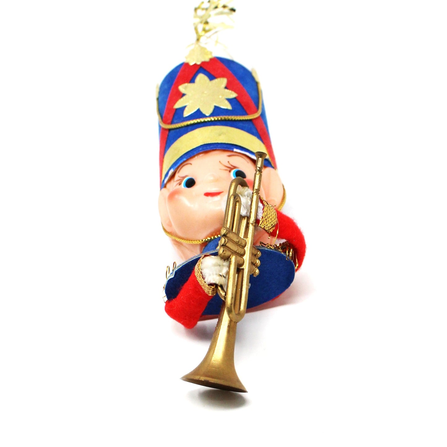 Ornaments, Toy Solider / Marching Band Trumpet Player Head, Christmas Flocked Elf, Kitsch, Vintage