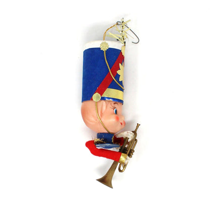 Ornaments, Toy Solider / Marching Band Trumpet Player Head, Christmas Flocked Elf, Kitsch, Vintage